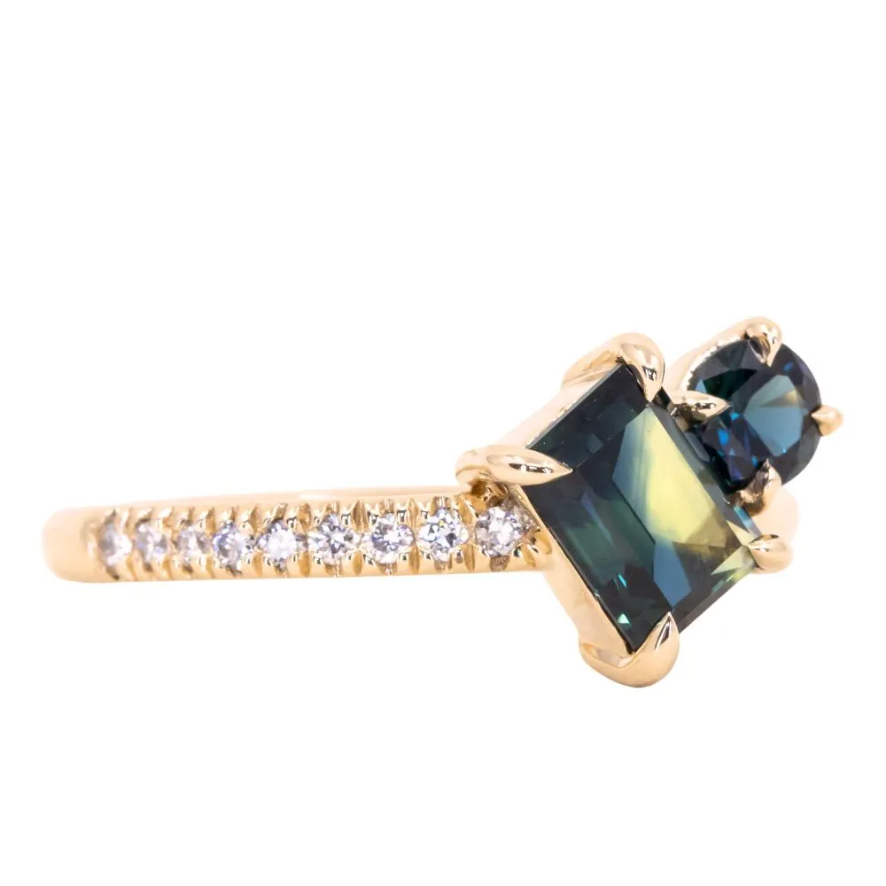 1.05ct Askew Baguette Sapphire & 0.30ct Round Sapphire Toi Et Moi Ring in 14k Yellow Gold