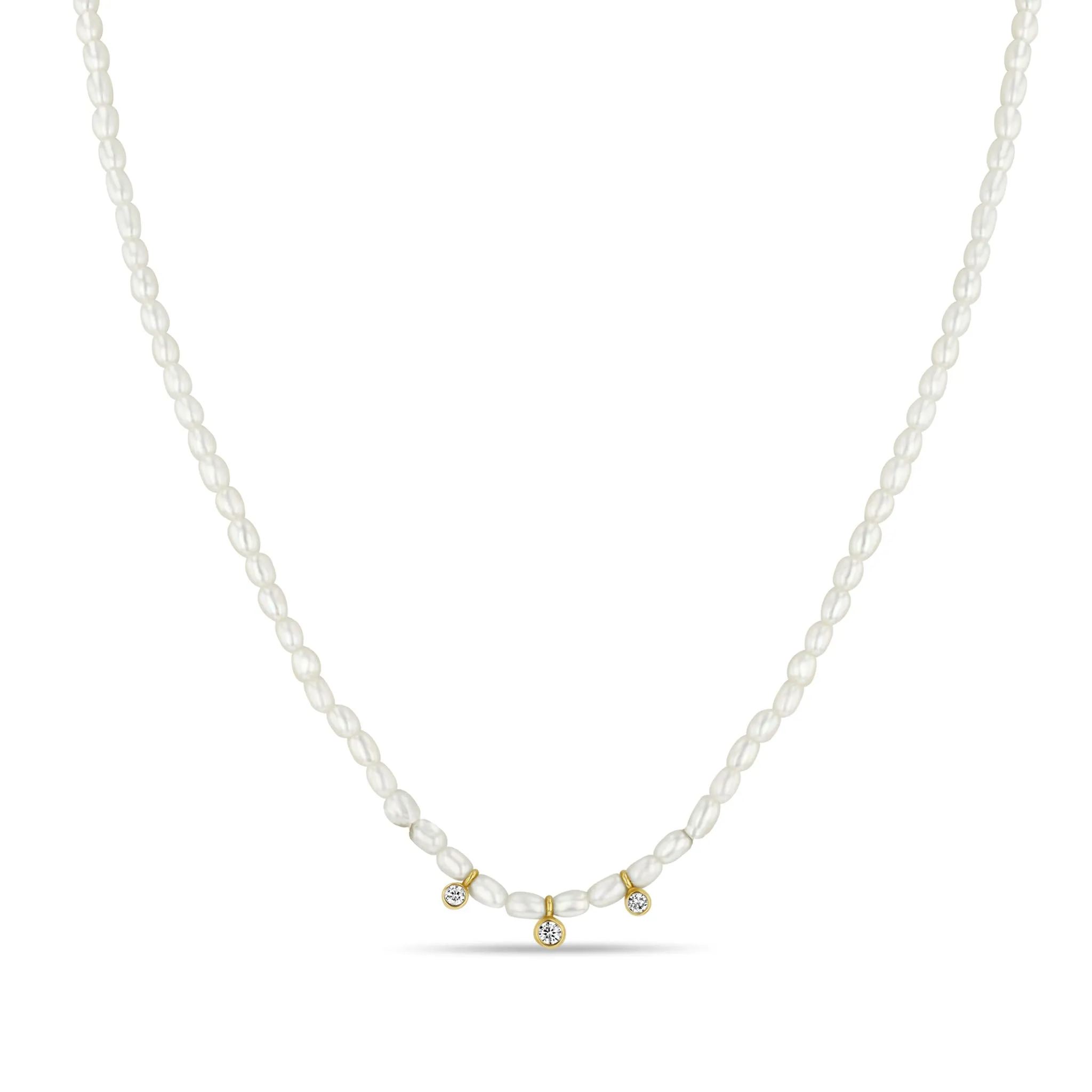 14k 3 Graduated Diamond Bezel Rice Pearl Necklace