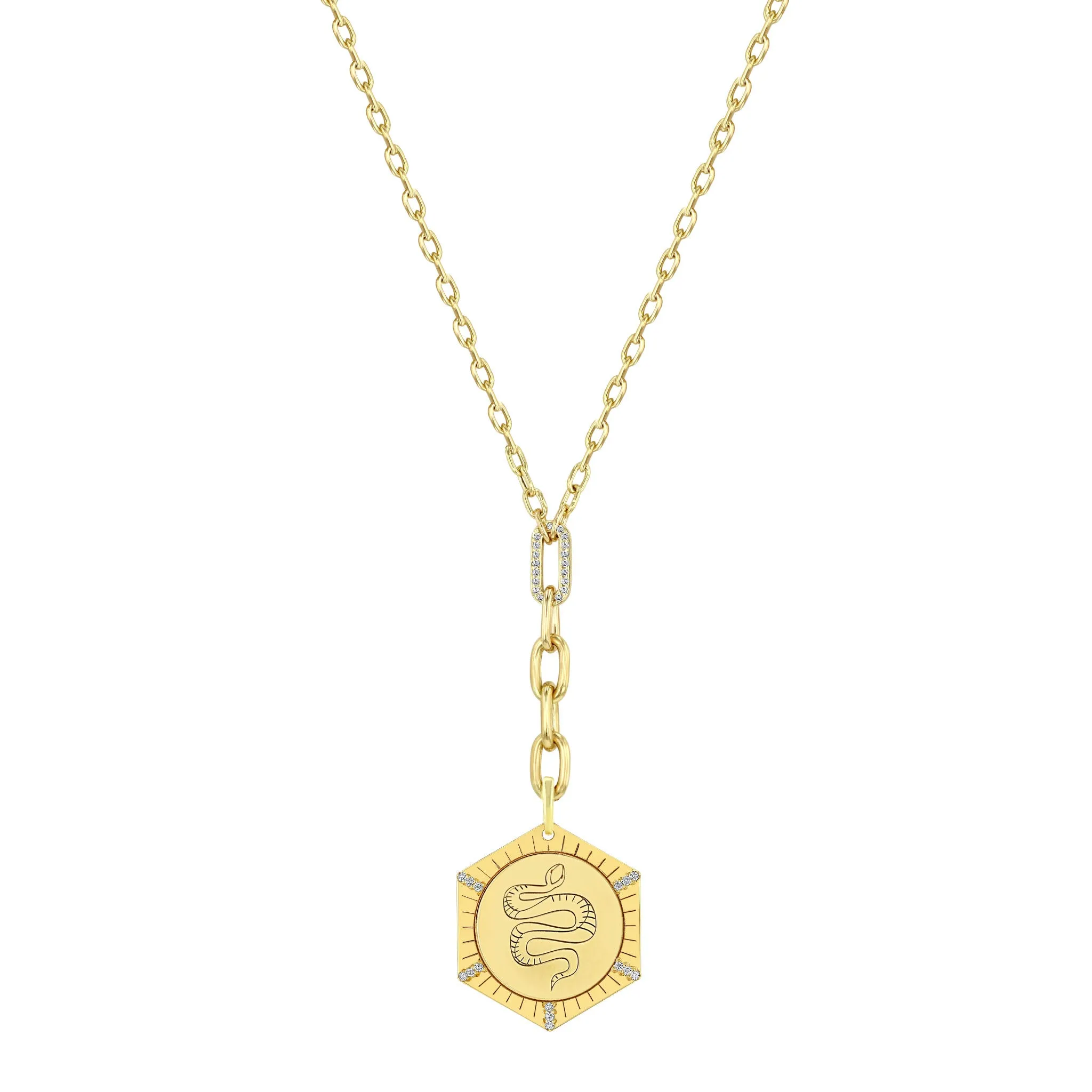 14k Animal with Diamond Rays Hexagon Medallion Mixed Chain with Diamond Link Lariat Necklace