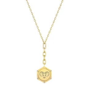 14k Animal with Diamond Rays Hexagon Medallion Mixed Chain with Diamond Link Lariat Necklace