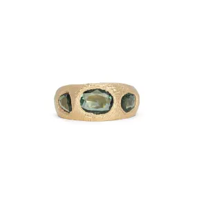 18K Three Stone Ring in Deep Green Sapphire