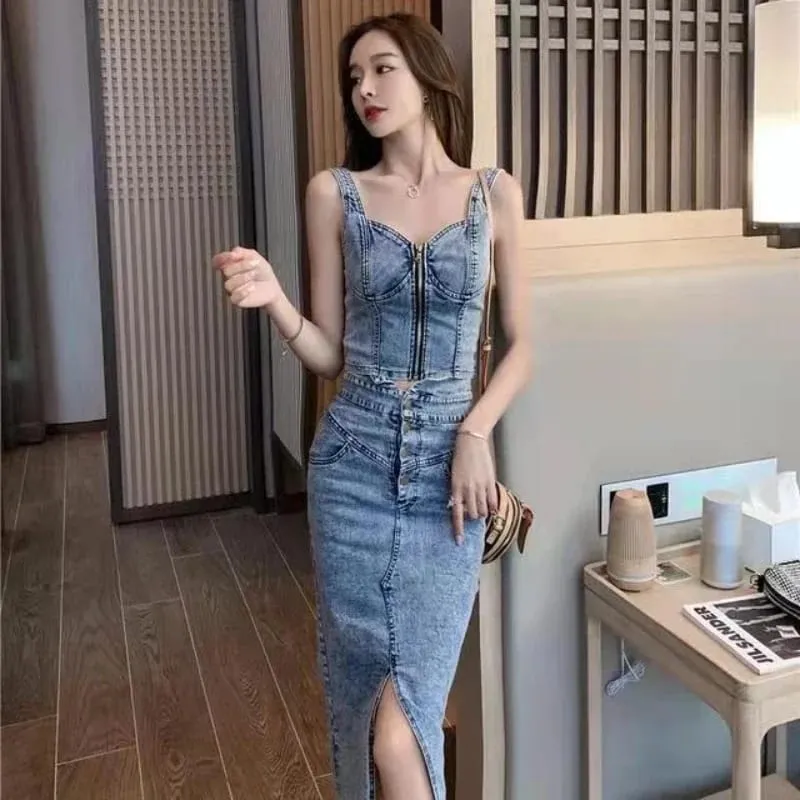 2 Piece Set Summer Women Suit Sexy V-Neck Jeans Vest High Waist Button-up Denim Skirts S 518515