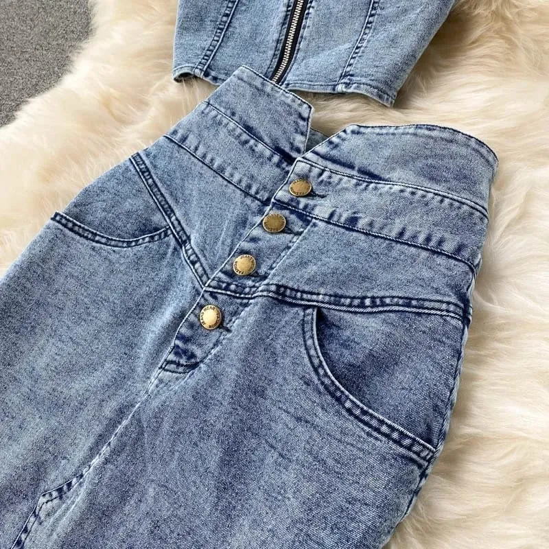 2 Piece Set Summer Women Suit Sexy V-Neck Jeans Vest High Waist Button-up Denim Skirts S 518515