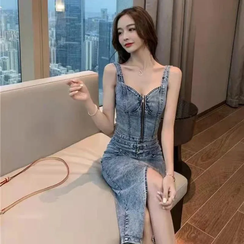 2 Piece Set Summer Women Suit Sexy V-Neck Jeans Vest High Waist Button-up Denim Skirts S 518515