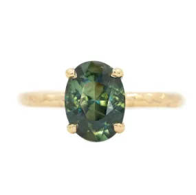 2.60ct Oval Green-Blue Color Shifting Sapphire Low Profile 4 Prong Evergreen Solitaire in 14k Yellow Gold