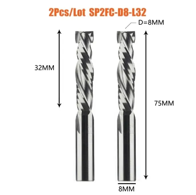 2PCS/LOT Compression Milling Cutter Woodwork DOWN Cut Two Flute Spiral Carbide Milling Tool CNC Router Bits Wood End Mill Cutter