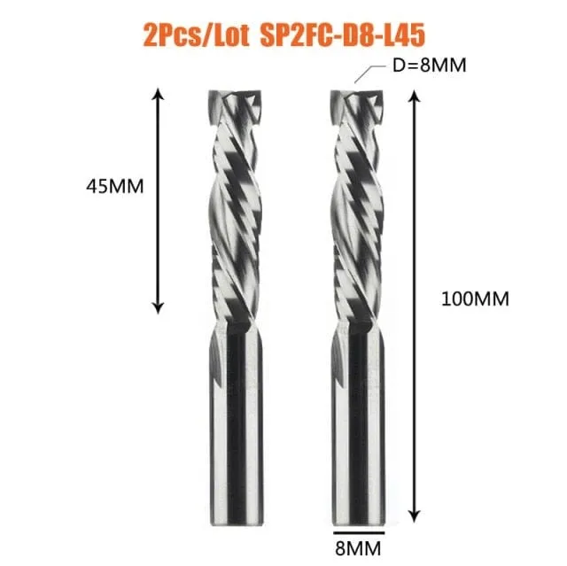 2PCS/LOT Compression Milling Cutter Woodwork DOWN Cut Two Flute Spiral Carbide Milling Tool CNC Router Bits Wood End Mill Cutter