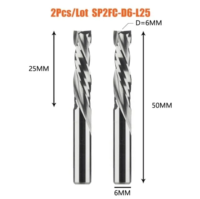 2PCS/LOT Compression Milling Cutter Woodwork DOWN Cut Two Flute Spiral Carbide Milling Tool CNC Router Bits Wood End Mill Cutter