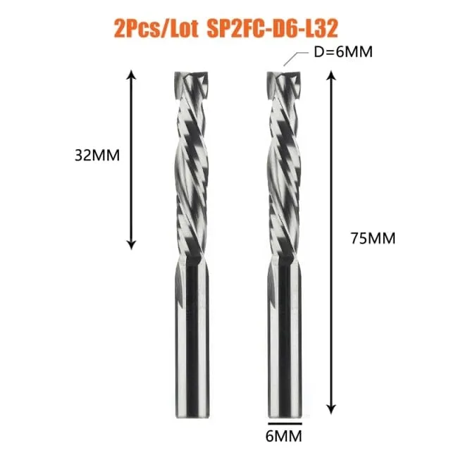 2PCS/LOT Compression Milling Cutter Woodwork DOWN Cut Two Flute Spiral Carbide Milling Tool CNC Router Bits Wood End Mill Cutter