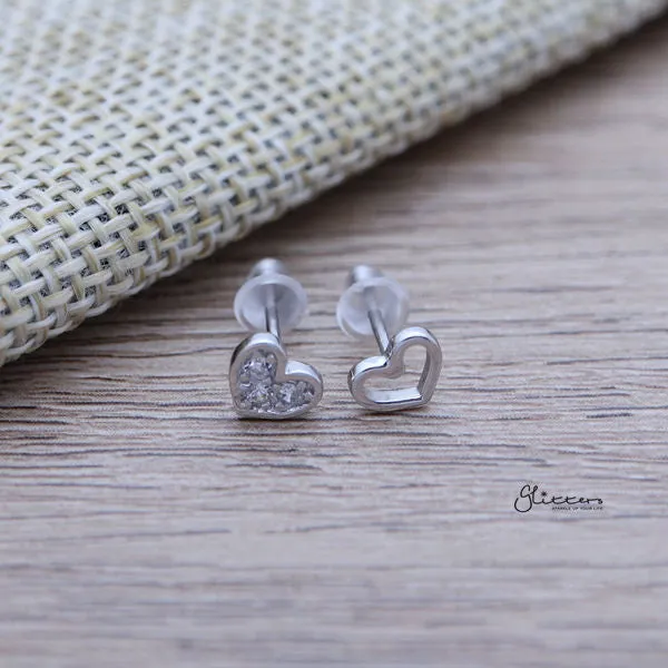 925 Sterling Silver C.Z Heart and Hollow Heart Stud Earrings