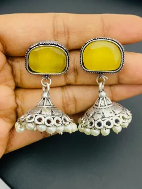 Amazing Yellow Color Oxidized Designed Small Jhumkas Earrings For Women