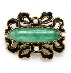 Antique 14K Yellow Gold Green Jade & Sea Pearl Enamel Brooch Pin