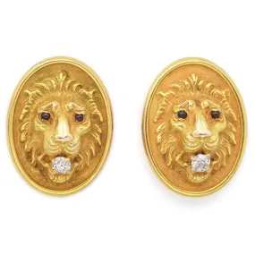 Antique 14K Yellow Gold Old Mine Cut Diamond & Garnet Lion Earrings