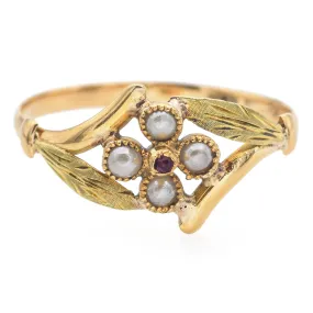 Antique 14K Yellow Gold Red Paste & Seed Pearl Band Ring Size 5.5