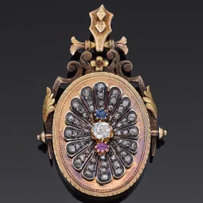 Antique Victorian 0.87TCW Diamond, Sapphire, Ruby 17K Yellow Gold Locket Pendant