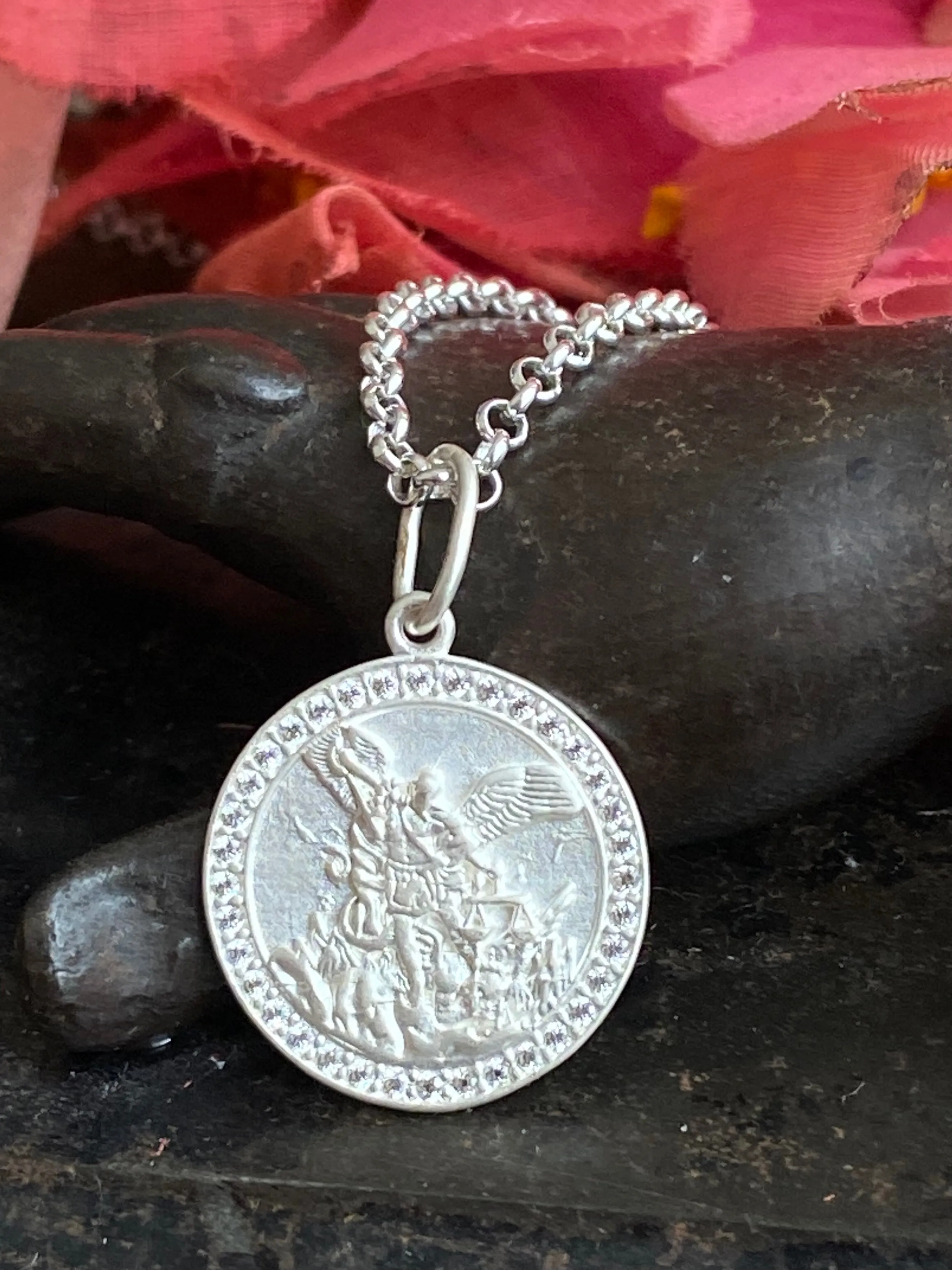 Archangel Saint Michael Medal With Ruby Necklace