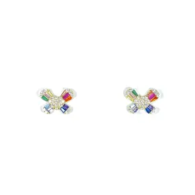 Butterfly Stud Earrings With Rainbow CZ Baguette Stones