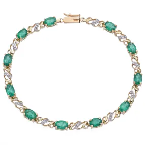 Estate 14K Yellow Gold Emerald & Diamond Oval Cut Tennis Bracelet