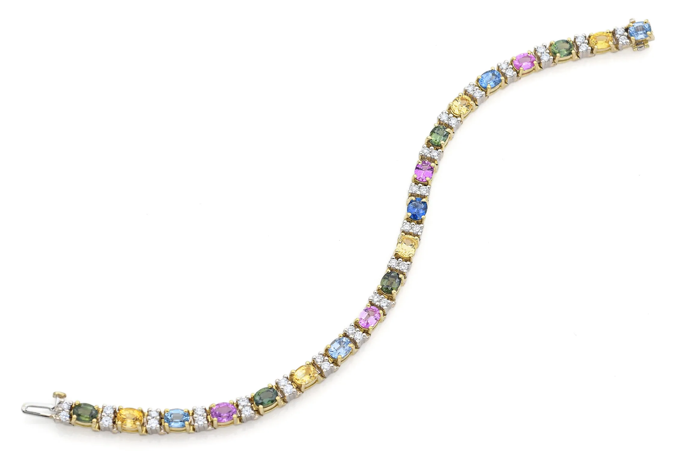 Estate 14K Yellow Gold Rainbow Sapphire & 1.14 TCW Diamond Tennis Bracelet