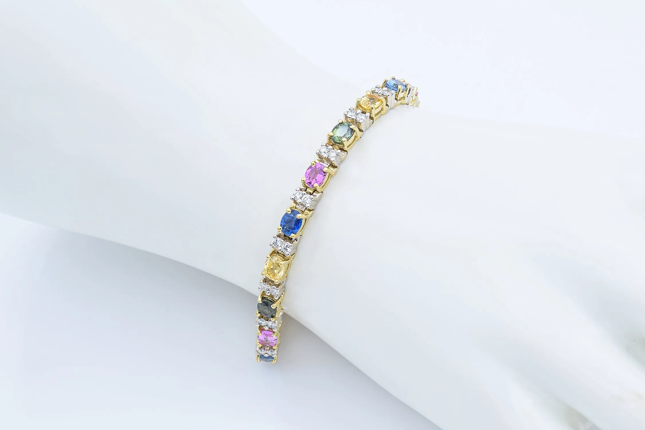 Estate 14K Yellow Gold Rainbow Sapphire & 1.14 TCW Diamond Tennis Bracelet