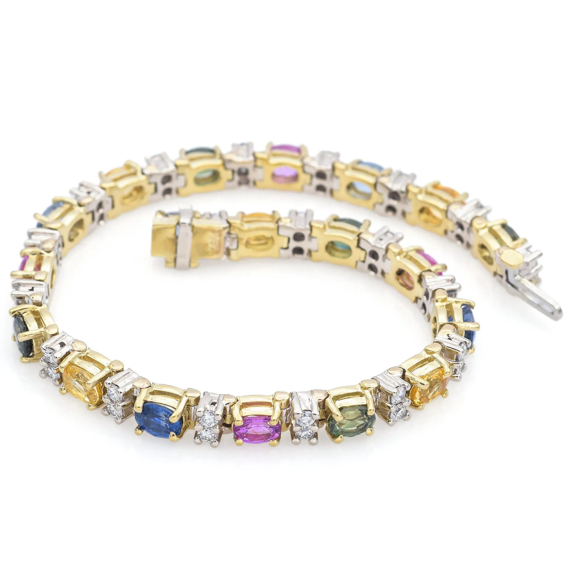 Estate 14K Yellow Gold Rainbow Sapphire & 1.14 TCW Diamond Tennis Bracelet