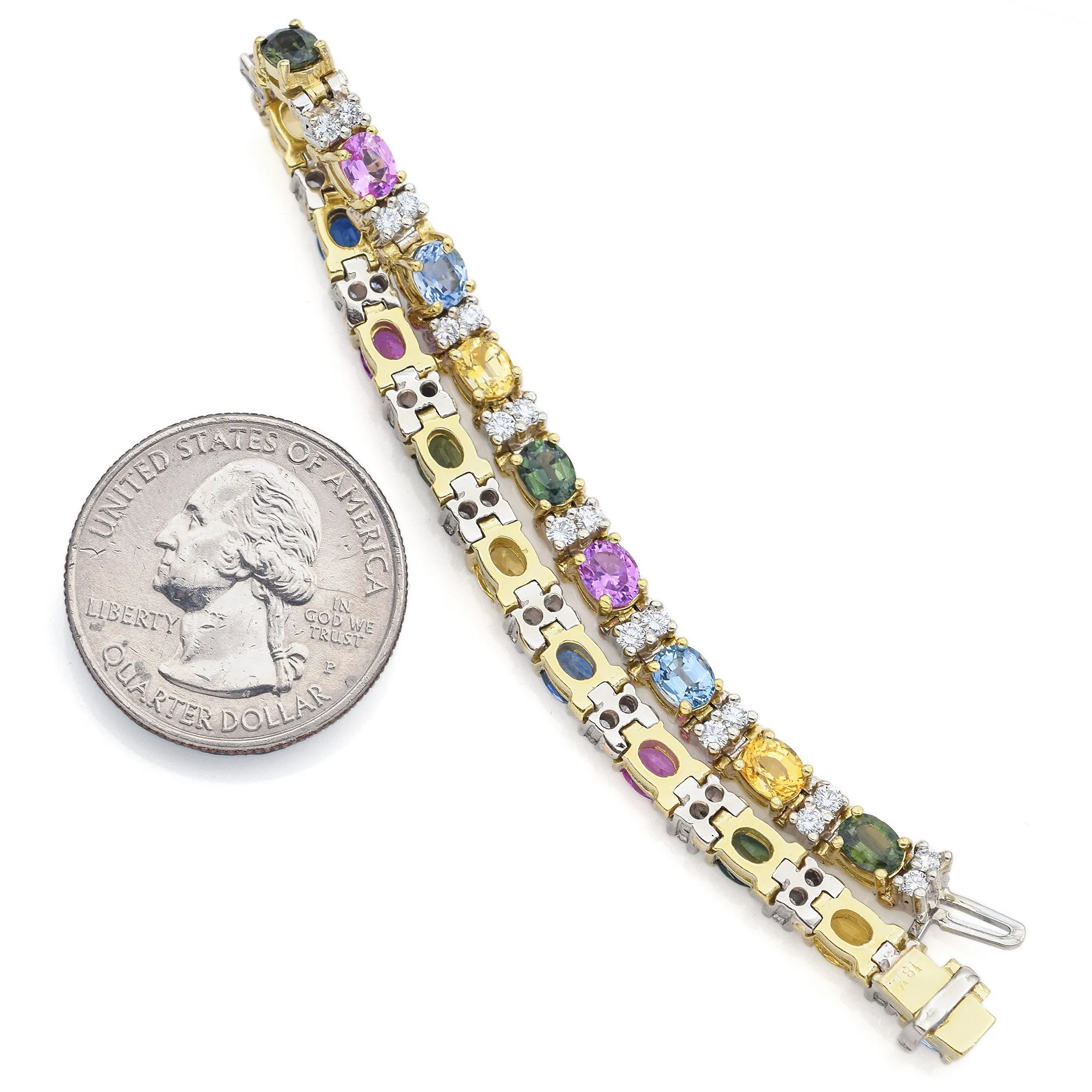 Estate 14K Yellow Gold Rainbow Sapphire & 1.14 TCW Diamond Tennis Bracelet