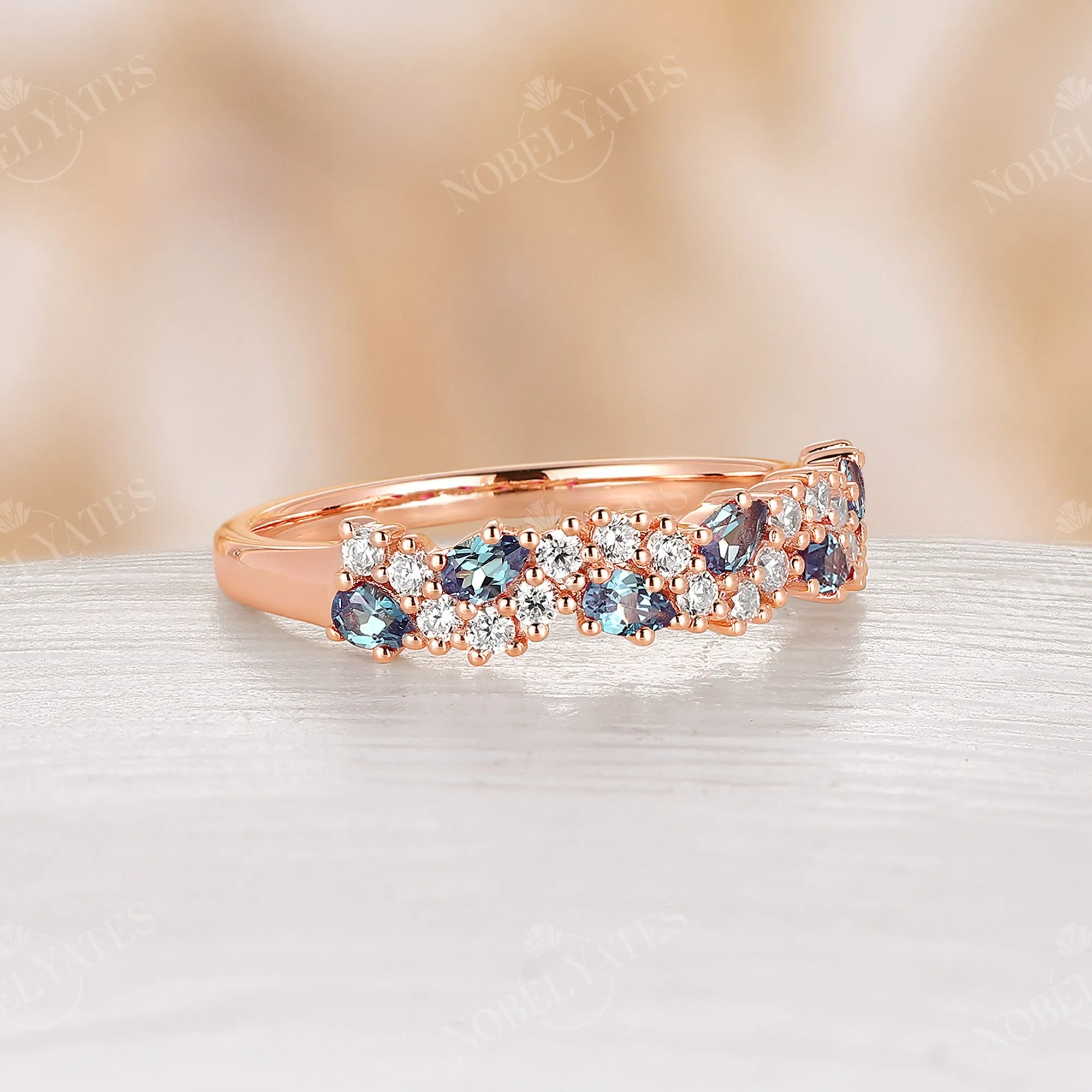 Lab Alexandrite & Moissanite Cluster Wedding Band Rose Gold