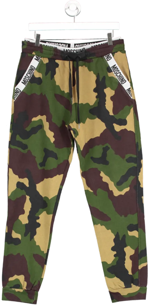 Moschino Green Camo Print Logo Tape Joggers UK M