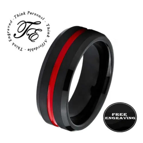 Personalized Men's Wedding Ring - Black With Red Line Groove Stainless Steel