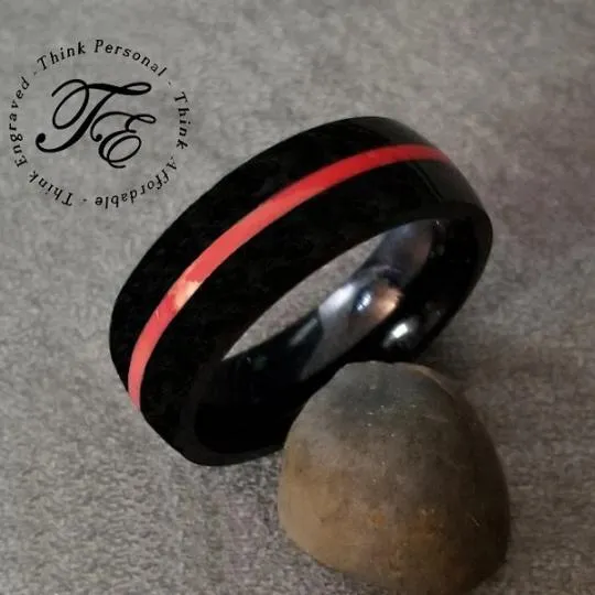 Personalized Men's Wedding Ring - Black With Red Line Groove Stainless Steel