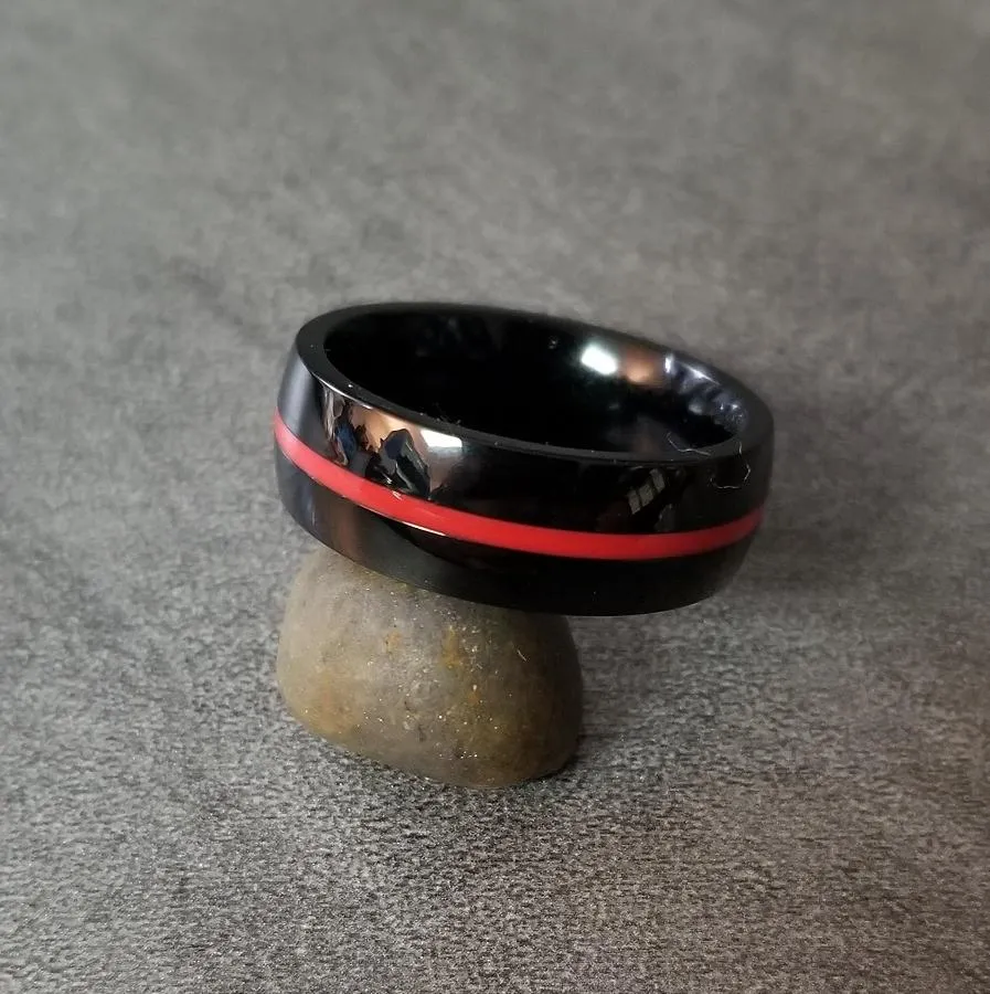 Personalized Men's Wedding Ring - Black With Red Line Groove Stainless Steel