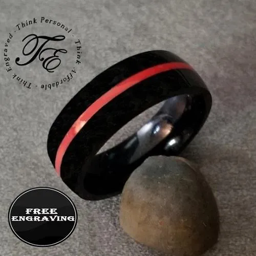 Personalized Men's Wedding Ring - Black With Red Line Groove Stainless Steel