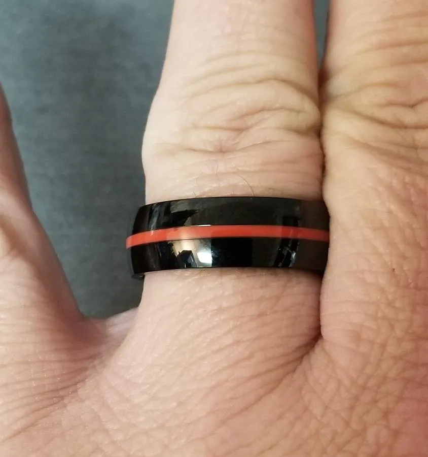 Personalized Men's Wedding Ring - Black With Red Line Groove Stainless Steel