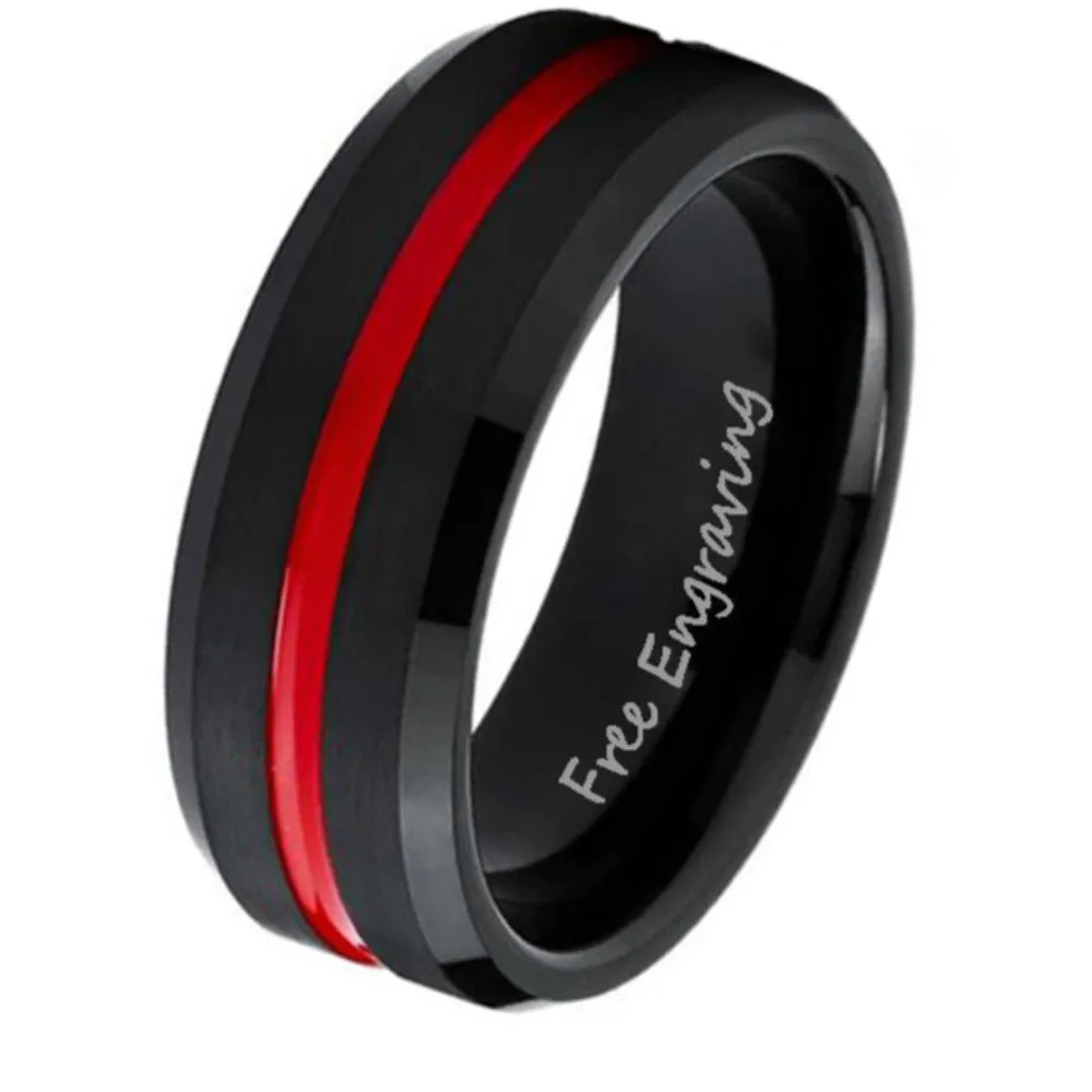 Personalized Men's Wedding Ring - Black With Red Line Groove Stainless Steel