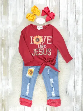 "Love Like Jesus" Sunflower Top & Fringe Denim Outfit