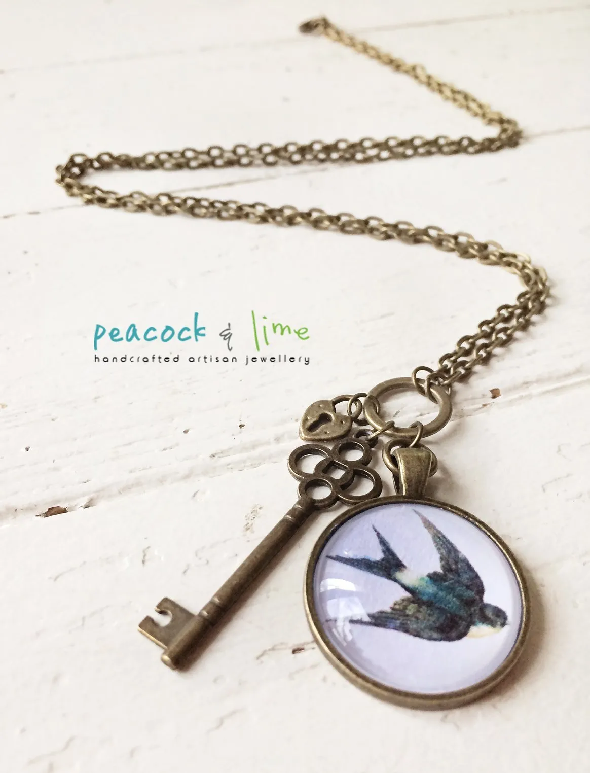 swallow bird, lock and key pendant necklace