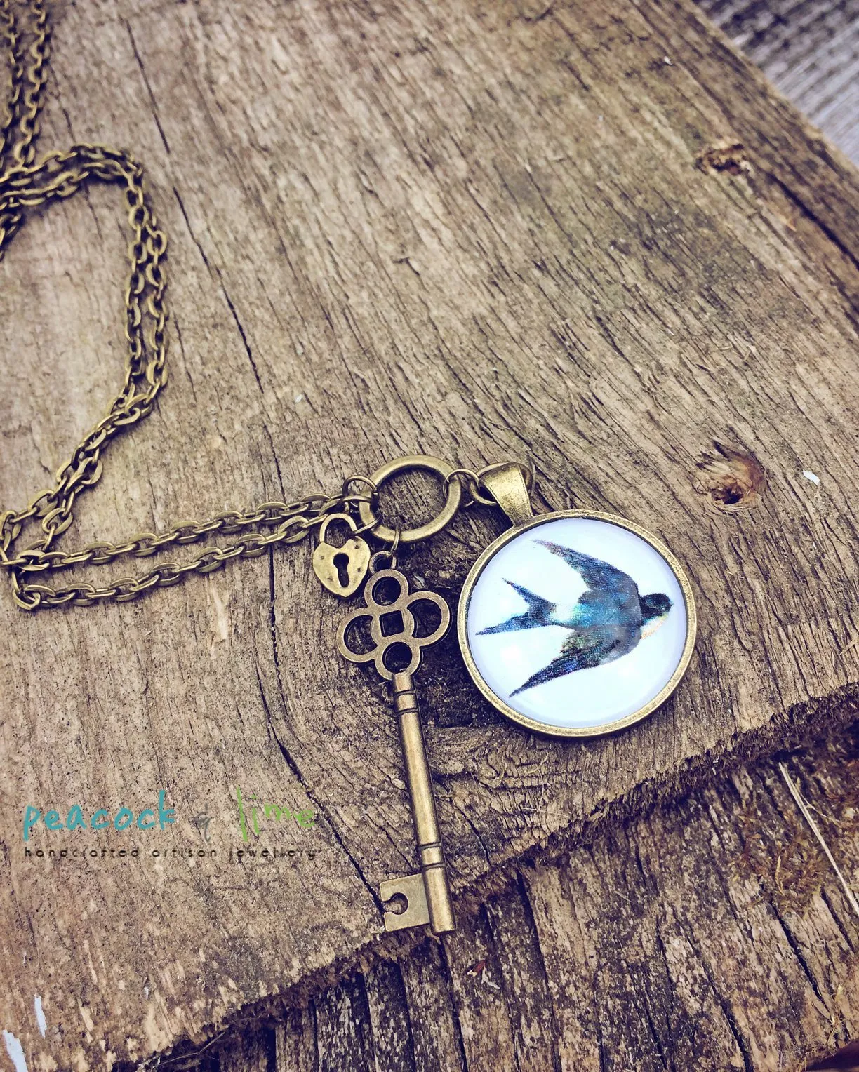 swallow bird, lock and key pendant necklace