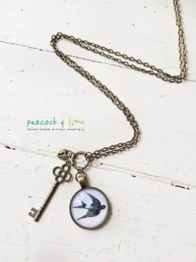 swallow bird, lock and key pendant necklace