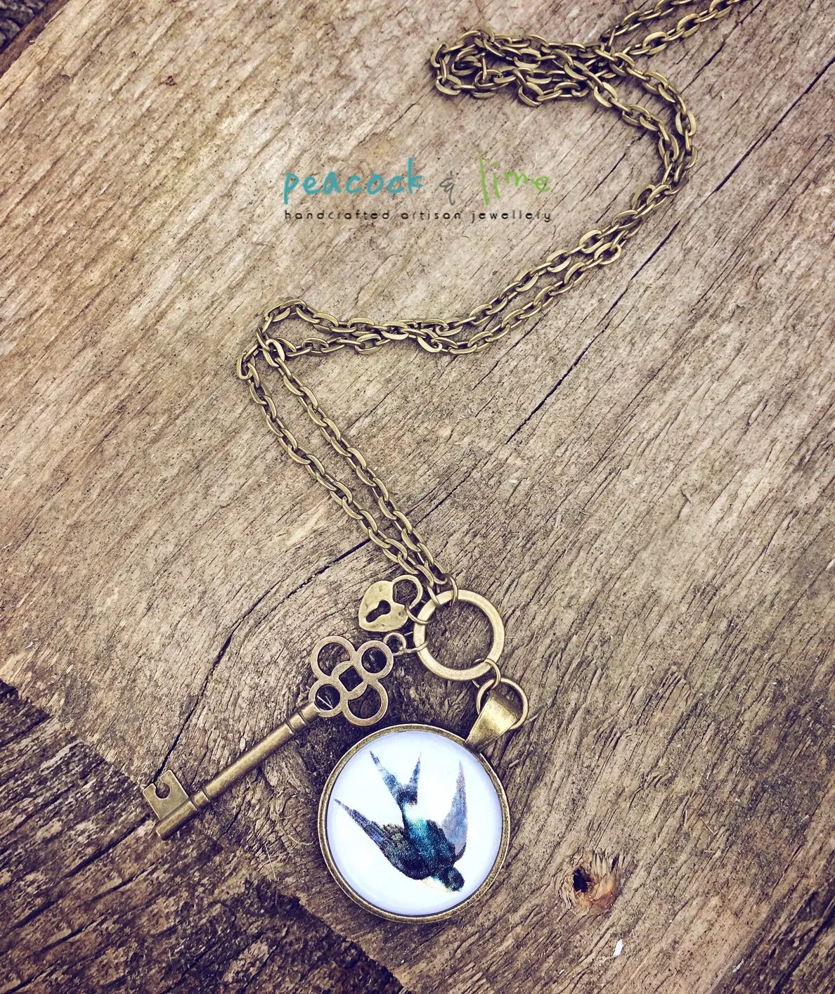 swallow bird, lock and key pendant necklace