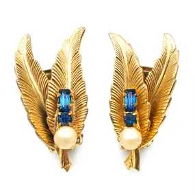 【USA輸入】ヴィンテージ サファイアブルー パール リーフ イヤリング/Vintage Sapphire Blue Pearl Leaf Clip On Earrings