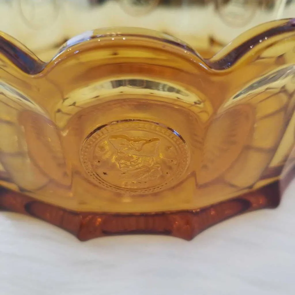 Vintage Fostoria Amber Scalloped Bowl w/ Coin Impressions of Liberty Bell & George Washington