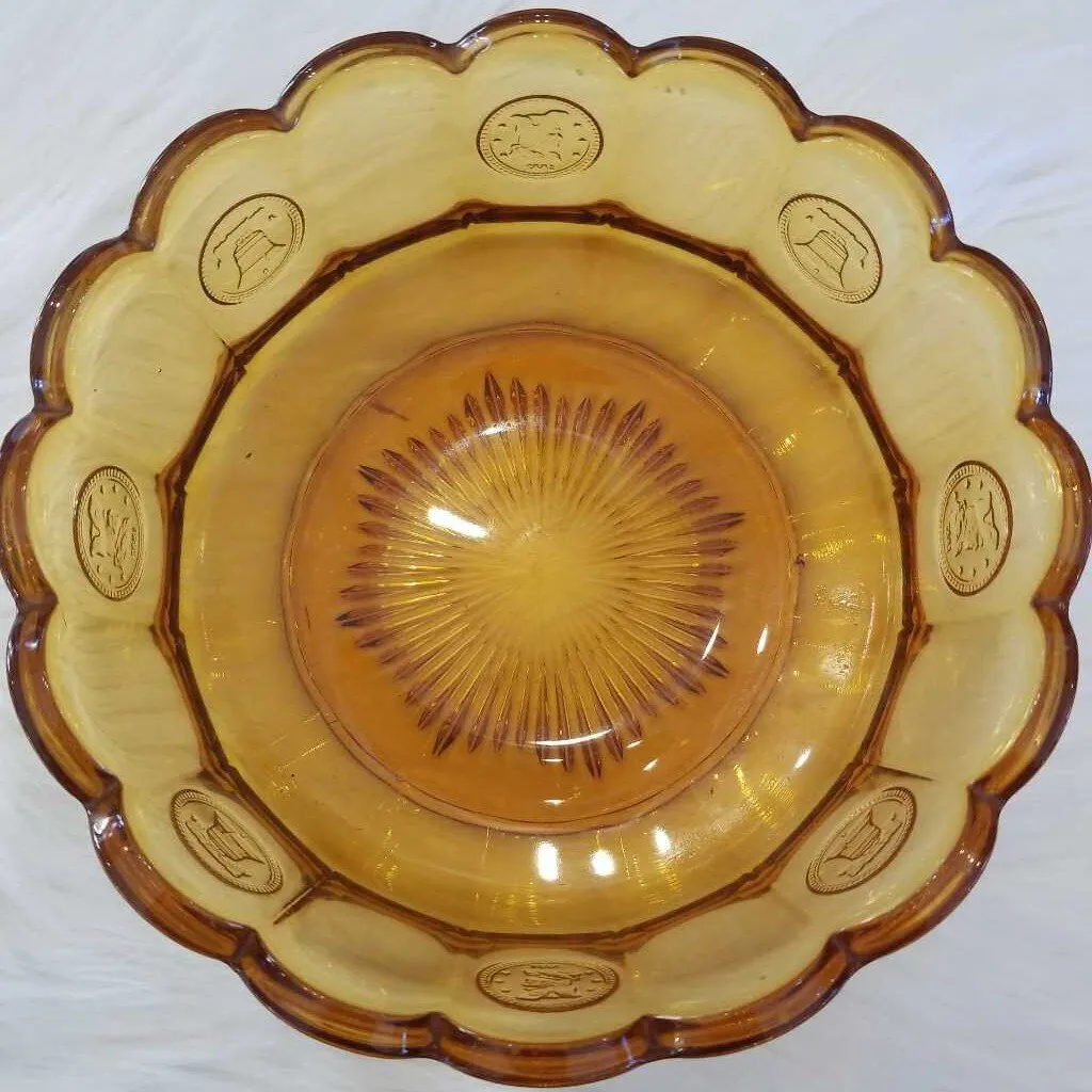 Vintage Fostoria Amber Scalloped Bowl w/ Coin Impressions of Liberty Bell & George Washington