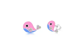 White Gold-toned plated Pink Whale with Multi-color Stone Screwback Earring